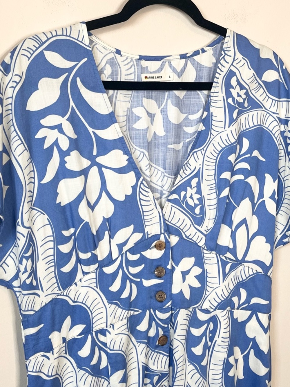 MARINE LAYER Camila Blue/White Tropical Print Button Front Mini Dress Size Large - Picture 4 of 6